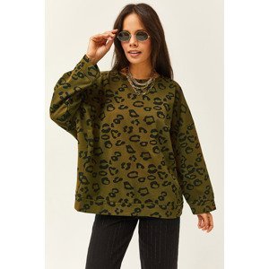 Olalook Women's Khaki Leopard Patterned Oversize Sweatshirt