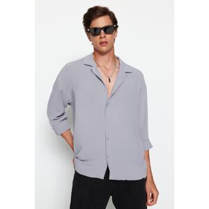 Trendyol Men's Gray Oversized Fit Flared Collar Summer Linen-Look Shirt.