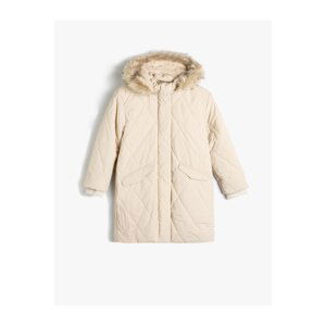 Koton Oversize Long Coat Quilted Faux Fur Detailed Hooded Plush Lined Inside With Flap Pockets Zippered