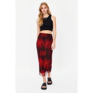 Trendyol Red Printed Wrinkled Look Lined Tulle Maxi Stretchy Knitted Skirt