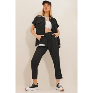 Trend Alaçatı Stili Women's Black Four Pocket Ribbed Double Sleeve Jacket and Trousers Set