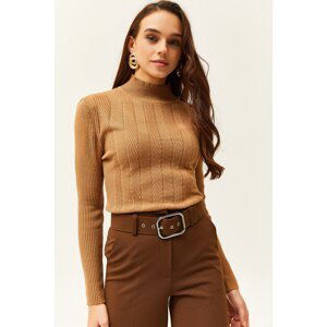 Olalook Women's Camel Half Turtleneck Zigzag Textured Soft Knitwear Sweater