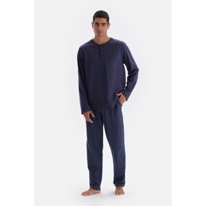 Dagi Navy Blue Half Pop Long Sleeve Six Size Printed Knitted Pajamas Set