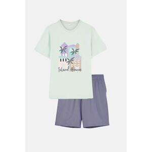 Dagi Mint Green Crew Neck Pajama Set with Printed Shorts