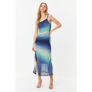 Trendyol Blue Gradient Gradient Fitted Gathered Maxi Stretchy Knitted Dress