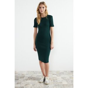 Trendyol Emerald Green Crew Neck Short Sleeve Ribbed Stretchy Knitted Midi Dress