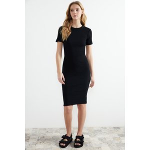 Trendyol Black Fitted Short Sleeve Ribbed Stretch Knitted Midi Dress