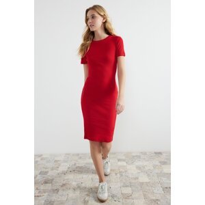 Trendyol Red Crew Neck Short Sleeve Ribbed Stretchy Knitted Midi Dress