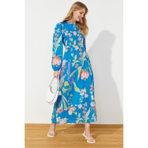 Trendyol Sax Flower Patterned Linen Textured Woven Dress