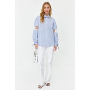 Trendyol Blue Cotton Blend Striped Woven Shirt with Embroidery Detail on Sleeve