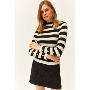 Olalook Women's Black Striped Buttoned Lycra Knitwear Sweater