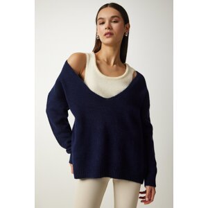 Happiness İstanbul Women's Navy Blue Undershirt Soft Textured Double Knitwear Sweater