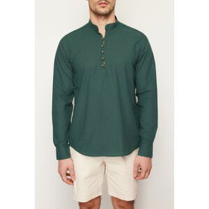 Trendyol Dark Green Slim Fit Half-Plack Magnetic Collar 100% Cotton Shirt