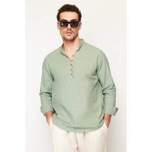 Trendyol Light Khaki Slim Fit Half Placket Judge Collar 100% Cotton Shirt Shirt