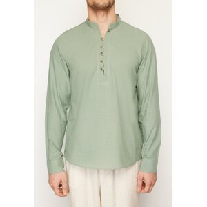 Trendyol Light Khaki Slim Fit Half Plaid Large Collar 100% Cotton Shirt Shirt