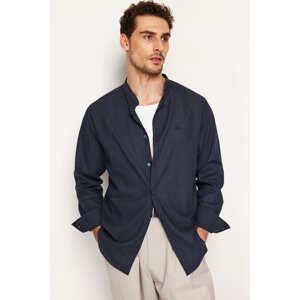Trendyol Navy Blue Men's Regular Fit Large Collar Embroidery Detail 100% Cotton Shirt