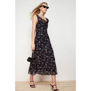 Trendyol Black Floral Turndown Collar Midi Woven Dress