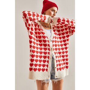 Bianco Lucci Women's Heart Patterned Oversize Knitwear Cardigan