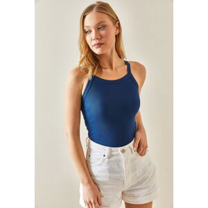 XHAN Indigo Barbell Neck Ribbed Blouse