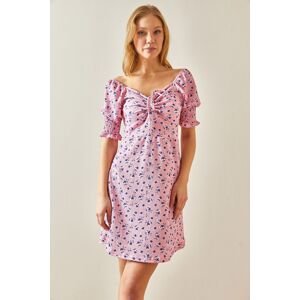 XHAN Pink Floral Pattern Gimped Sleeve Dress