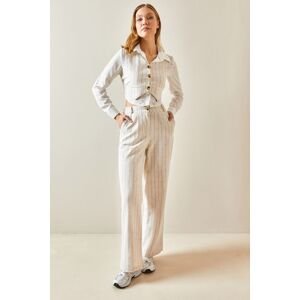 XHAN Beige Striped Linen Vest Suit