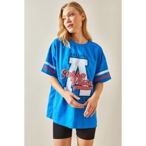XHAN Blue Crew Neck Front Printed Oversize T-Shirt