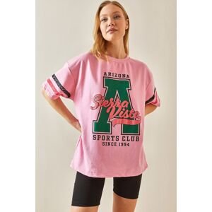 XHAN Pink Crew Neck Front Printed Oversize T-Shirt