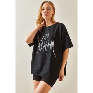 XHAN Black Crew Neck Back Printed Oversize T-Shirt