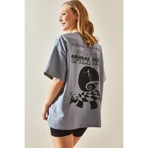 XHAN Gray Crew Neck Back Printed Oversize T-Shirt