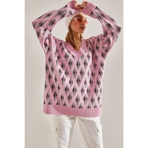 Bianco Lucci Women's V-Neck Patterned Knitwear Sweater