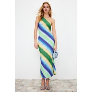 Trendyol Blue Printed Fitted/Slippery Asymmetric Neck Flexible Knitted Maxi Dress