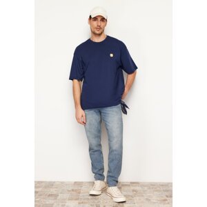 Trendyol Navy Blue Men's Oversize/Wide Cut Crew Neck Short Sleeve Embroidered 100% Cotton T-Shirt