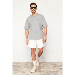 Trendyol Gray Oversize 100% Cotton Crew Neck Minimal Text Printed T-Shirt