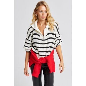 Cool & Sexy Women's White-Black Zippered Striped Sweater