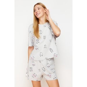 Trendyol Gray 100% Cotton Fun Printed Knitted Pajama Set