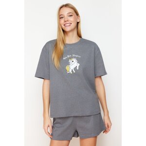 Trendyol Gray Melange Cotton Printed Knitted Pajama Set