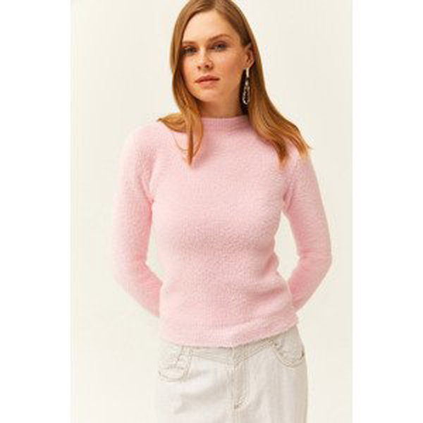 Olalook Women's Candy Pink Soft Textured Bearded Knitwear Sweater