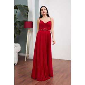 Carmen Red Chiffon Pleated Long Evening Dress with Beaded Waist