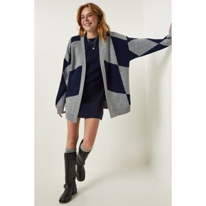 Happiness İstanbul Gray Navy Blue Patterned Thick Cardigan Jacket