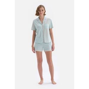 Dagi Turquoise Striped Patchwork Short Sleeve Cotton Pajama Set with Shorts