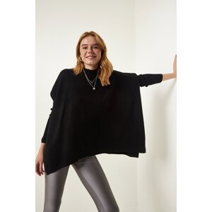 Happiness İstanbul Black High Neck Slit Knitwear Poncho Sweater