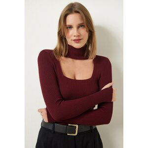 Happiness İstanbul Burgundy Cut Out Detailed High Neck Ribbed Knitwear Sweater