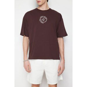 Trendyol Men's Brown Oversize/Wide-Fit 100% Cotton T-shirt with Text Embroidery