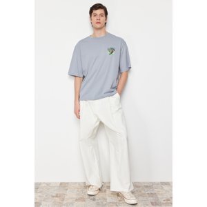 Trendyol Men's Gray Oversize/Wide-Mount Bowling Back Printed 100% Cotton T-shirt