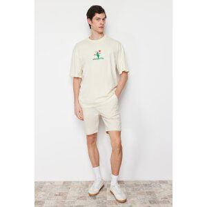 Trendyol Stone Men's Oversize/Wide-Fit Cactus Embroidery 100% Cotton Short Sleeve T-Shirt