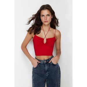 Trendyol Red Halterneck Spaghetti Strappy Cotton Stretchy Crop Knitted Undershirt