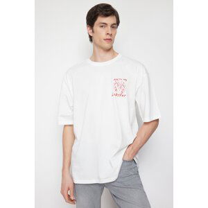 Trendyol Ecru Oversize/Wide-Fit Lobster Embroidery 100% Cotton T-shirt