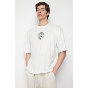 Trendyol Men's Ecru Oversize/Wide-Fit 100% Cotton T-shirt with Text Embroidery