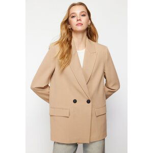 Trendyol Camel Oversize Straight Cut Basic Double Breasted Woven Blazer Jacket