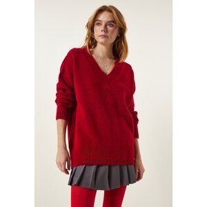 Happiness İstanbul Women's Red V-Neck Oversize Knitwear Sweater